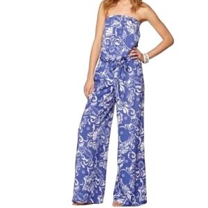 Lilly Pulitzer Farrah blue tide pools strapless wide leg jumpsuit
